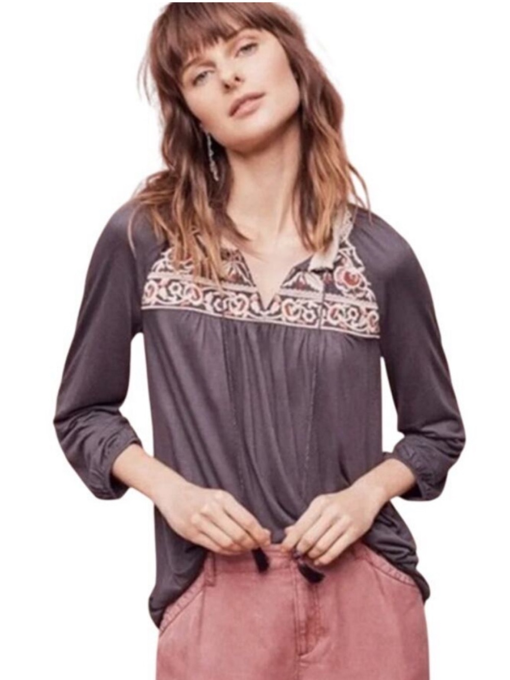 One September by Anthropologie Nightingale Embroidered Top - Charcoal, Size M